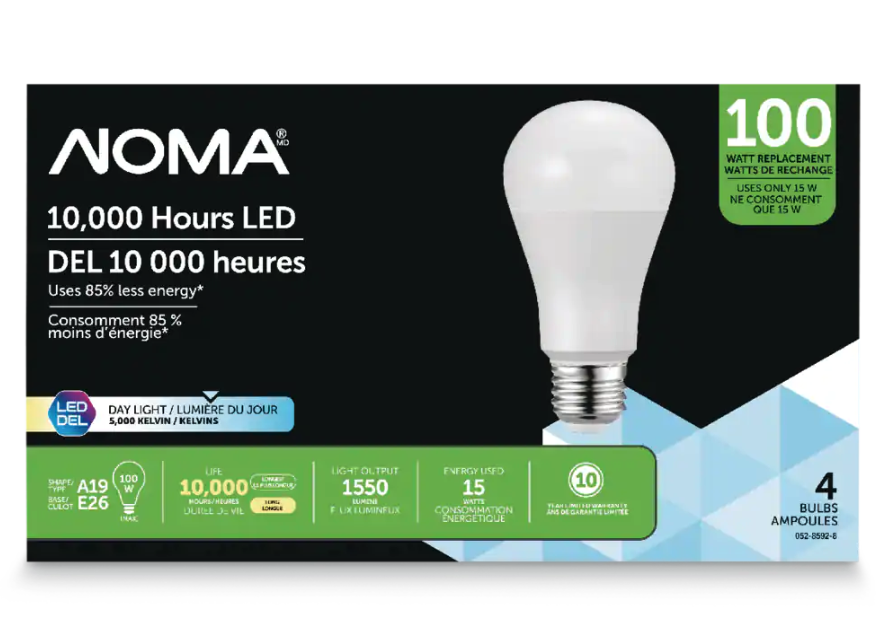 NOMA A19 E26 Base Non-Dimmable LED Light Bulbs. Image via Canadian Tire.