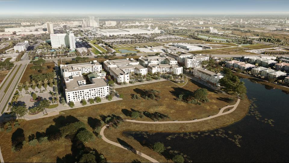 An aerial view of renderings of apartment buildings that will be located on 20 acres at Catchlight Crossings