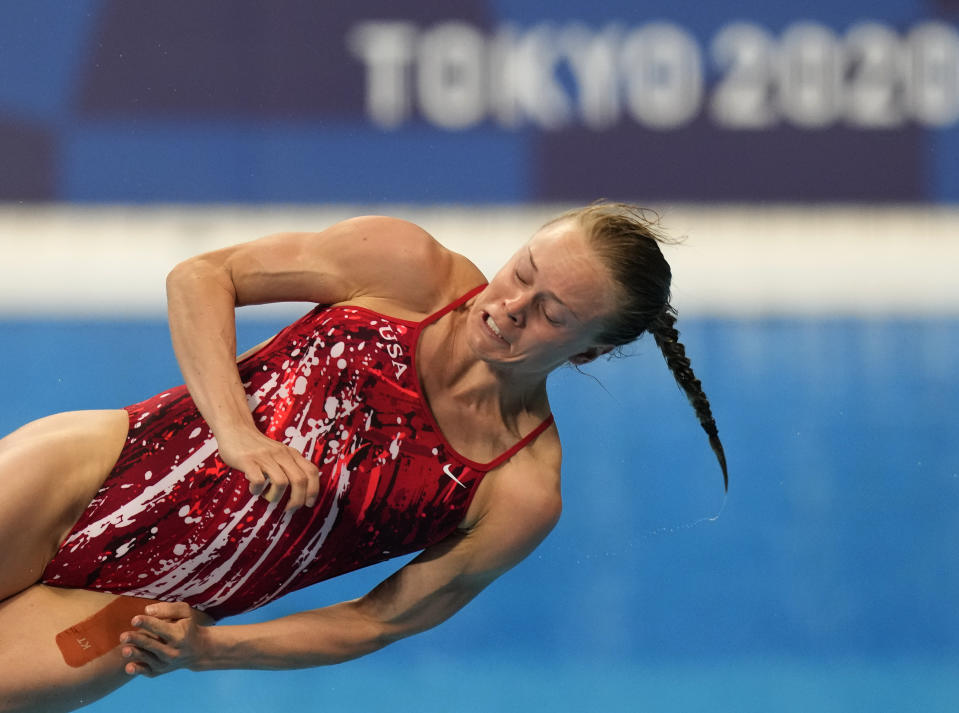 Krysta Palmer of the United States' competes in women's diving 3m springboard semifinal at the Tokyo Aquatics Centre at the 2020 Summer Olympics, Saturday, July 31, 2021, in Tokyo, Japan. (AP Photo/Dmitri Lovetsky)