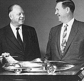 Harley J. Earl, left, was an innovative vehicle designer, the second commissioner of NASCAR and a friend of NASCAR founder Bill France Sr., right. The trophy given to the winner of the Daytona 500 was named after Earl.