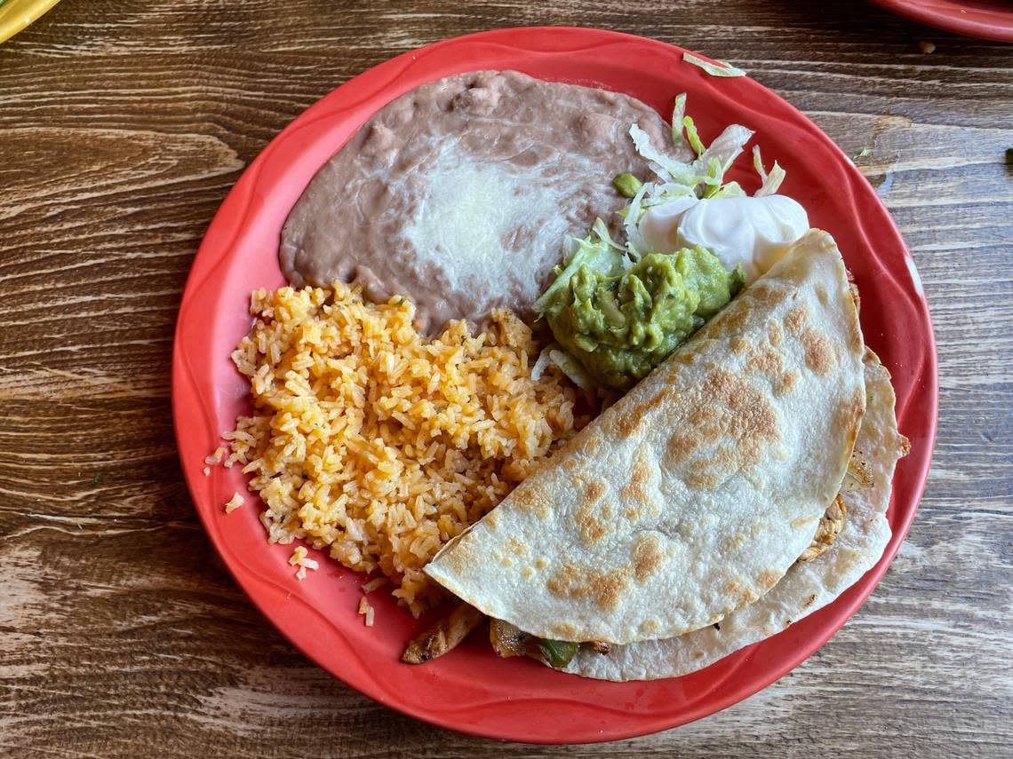 Tasha’s quesadilla at Tres Hermanas includes chicken, bell peppers, Monterey Jack cheese and cinnamon.