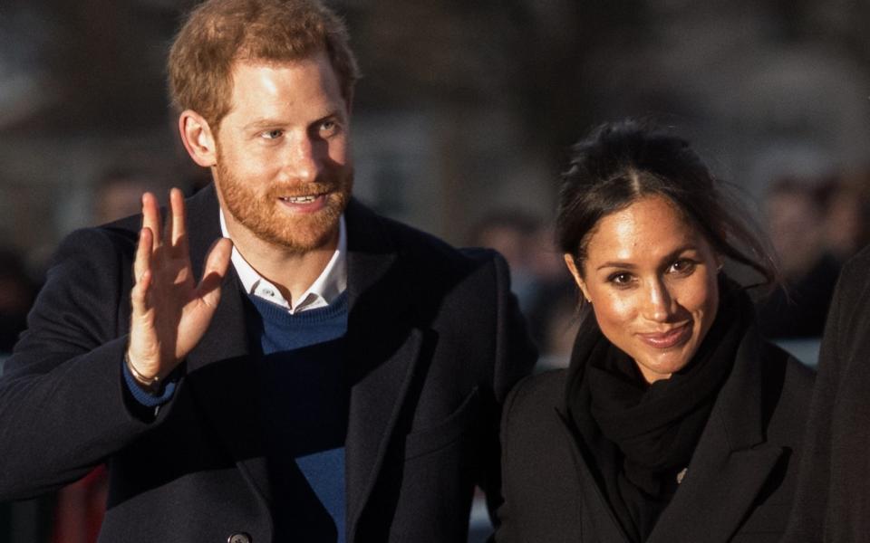 Prince Harry and fiance Meghan Markle in Cardiff in January  - WireImage