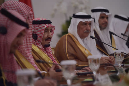 King Salman bin Abdulaziz (3rd L) attends a bilateral meeting at the presidential palace in Bogor, Indonesia March 1, 2017. King Salman on March 1 began the first visit by a Saudi monarch to Indonesia in almost 50 years, seeking to strengthen economic ties with the world's most populous Muslim-majority country. REUTERS/Adek Berry
