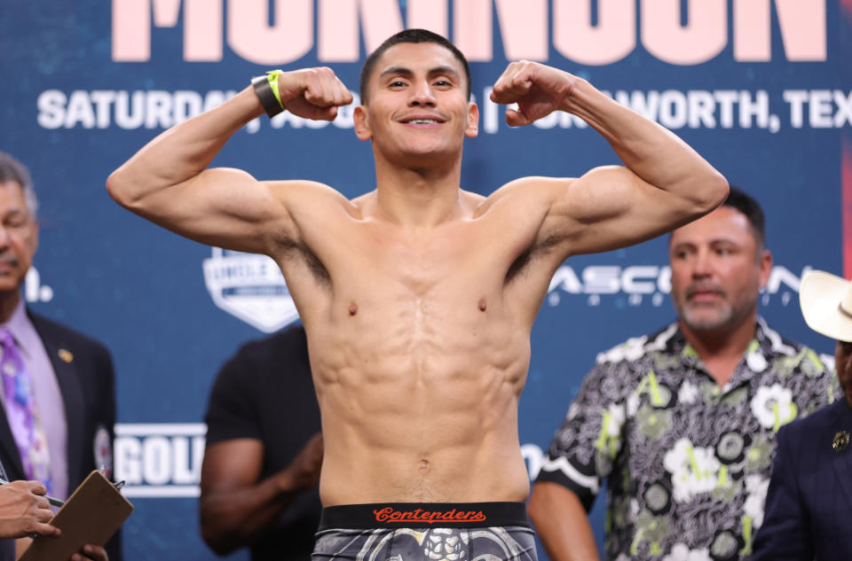 FORT WORTH, TEXAS - AUGUST 5: Boxer Vergil Ortiz Jr. stands on the scale 146.6 lb. during his official weigh-in at Dickies Arena on August 5, 2022 in Fort Worth, Texas. (Photo by Cris Esqueda/Golden Boy/Getty Images)