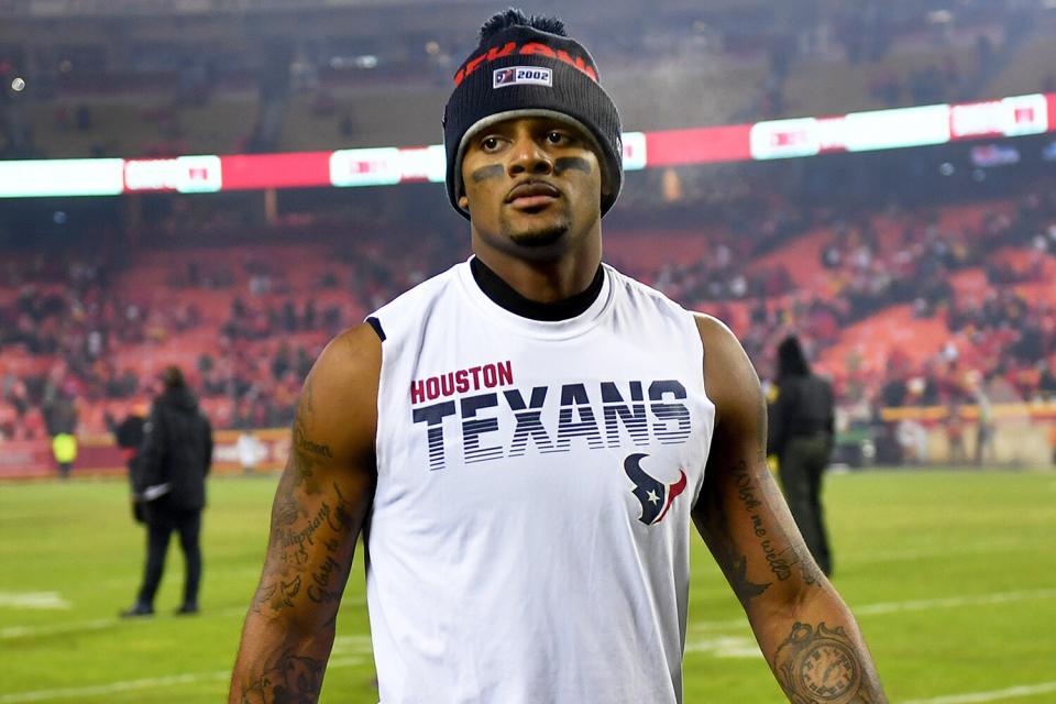 Deshaun Watson #4 of the Houston Texans walks off the field after the 51-31 loss to the Kansas City Chiefs in the AFC Divisional playoff game at Arrowhead Stadium on January 12, 2020 in Kansas City, Missouri.