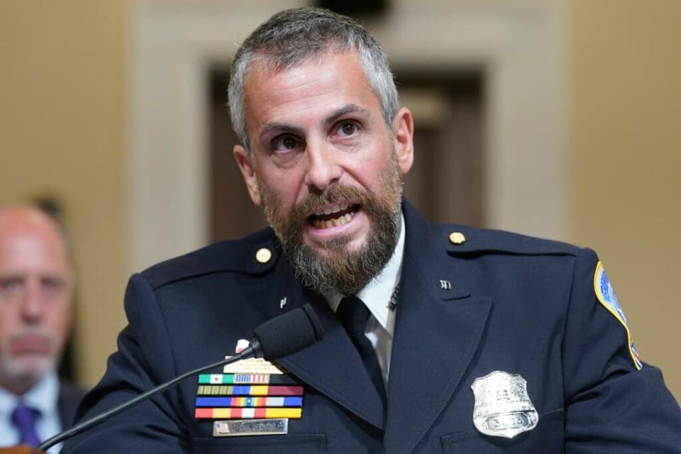 Washington Metropolitan Police Department officer Michael Fanone testifies during the House Select Committee investigating the January 6 attack on the U.S. Capitol on July 27, 2021 at the Cannon House Office Building in Washington, DC. (Photo by Andrew Harnik-Pool/Getty Images)