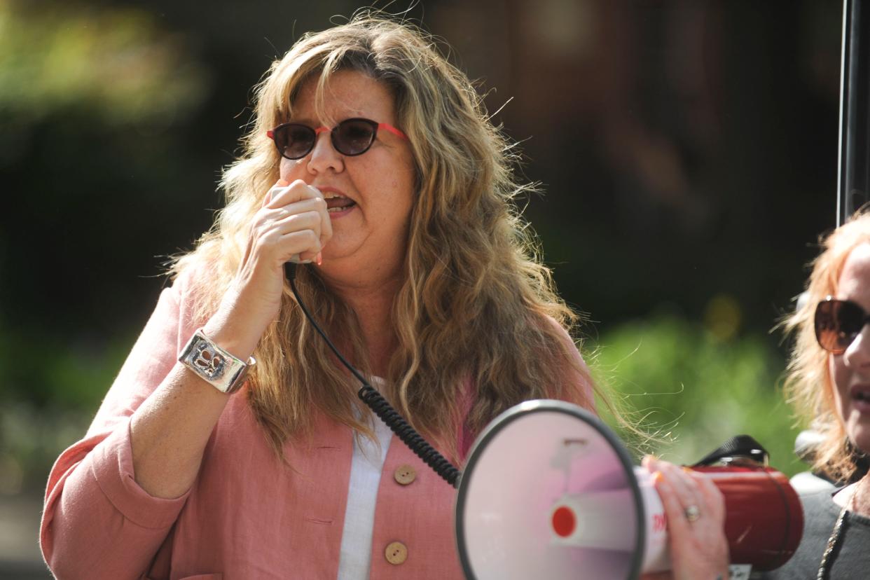 Democratic state Rep. Gloria Johnson speaks at a 2022 demonstration in downtown Knoxville against the Supreme Court's impending decision overturning Roe v. Wade.