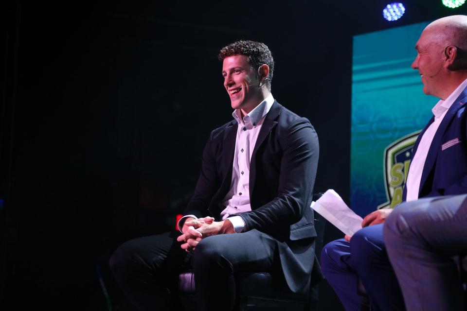 Boston Bruins player Charlie Coyle, left, is interviewed by Seacoast Media Group sports editor Jay Pinsonnault during the 2022 Seacoast All-Star Sports Awards at The Music Hall in Portsmouth on Monday, June 20, 2022.
