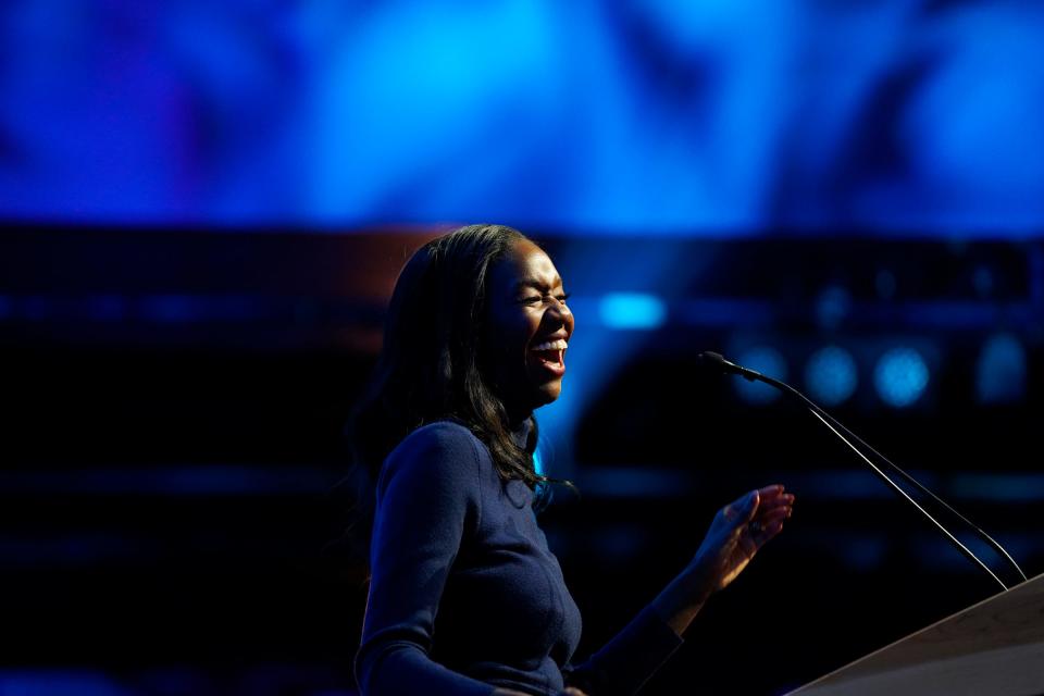 Kyra Harris Bolden speaks to a crowd during the Michigan Democratic watch party for the midterm elections at the Motor City Casino Sound Board in Detroit on Tuesday, Nov. 8, 2022.