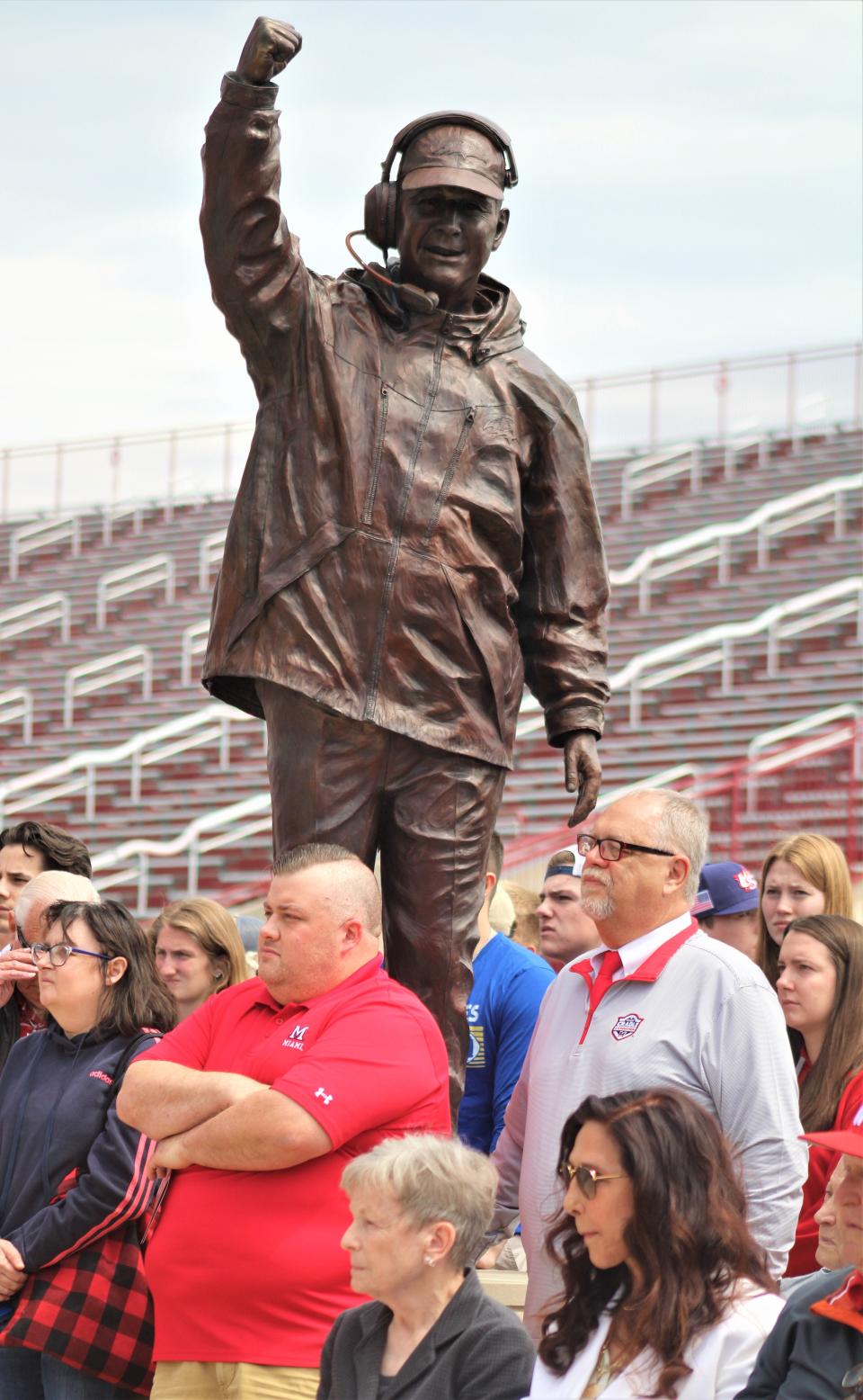 The statue of current Balitmore Ravens head coach John Harbaugh, which was the last statue placed at Yager Stadium in 2014. Los Angeles Rams head football coach Sean McVay became the 10th coach to have a statue in Miami University's prestigious Cradle of Coaches Plaza May 6, 2023. McVay was a former player at Miami and has been coaching in the NFL since 2009.  He became the youngest head coach in NFL history to win a Super Bowl (36) when the Rams beat the Bengals in 2022.