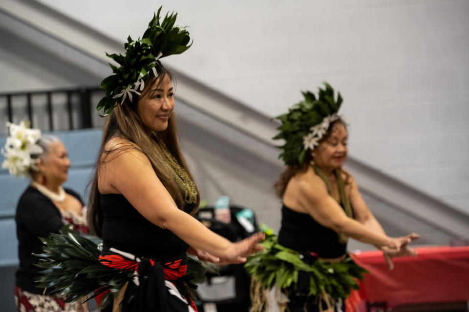 The Aloha Ka'naka O Hula Halau dance group performs during the 3rd Annual Pope World Tour on Friday, March 1, 2024, at Pope Army Airfield.