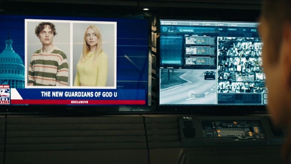 Homelander watches Vought News as it promotes Sam and Cate as heroes on Gen V
