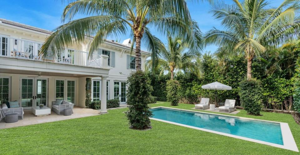 A covered loggia with a terrace above it looks out to the pool area at 244 Fairview Road in Palm Beach. Fox News host Bret Baier and his wife, Amy, have sold the house for a recorded $13.49 million. It was last listed at $15.9 million. The couple paid $12 million for the house in 2022.