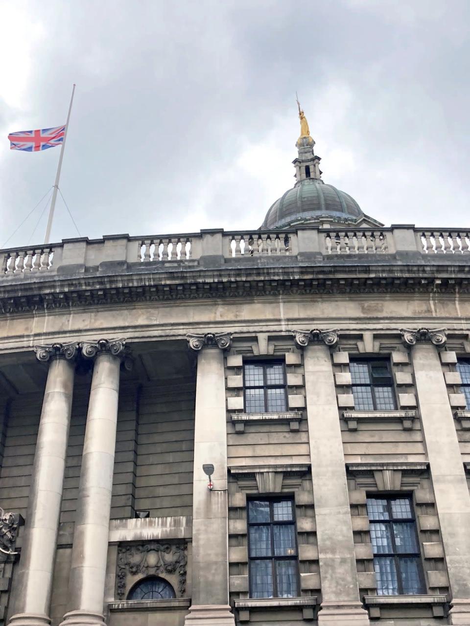 The Union flag flies at half mast at the Old Bailey in London (Emily Pennink/PA) (PA Wire)