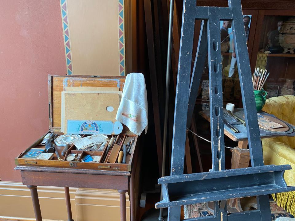 Easel, brushes and pigments rest in the studio of Frederic Edwin Church at Olana, his estate in Hudson, N.Y. Church was a leader in the Hudson River School of American landscape painting.