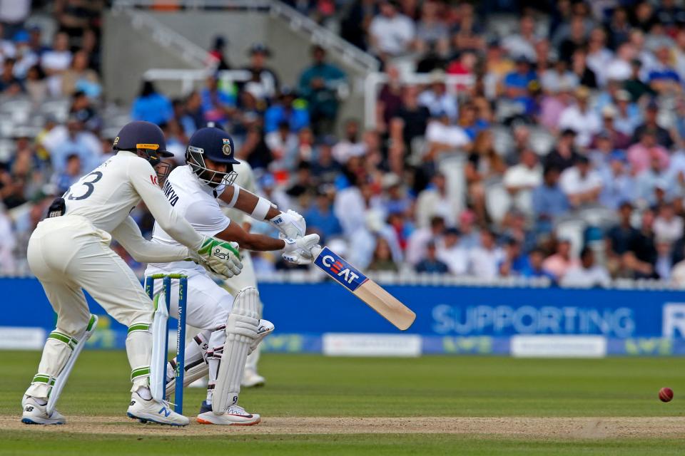 India's Ajinkya Rahane plays a shot during play on the fourth day of the second cricket Test match  between England and India at Lord's cricket ground in London on August 15, 2021. (Photo by IAN KINGTON/AFP via Getty Images)