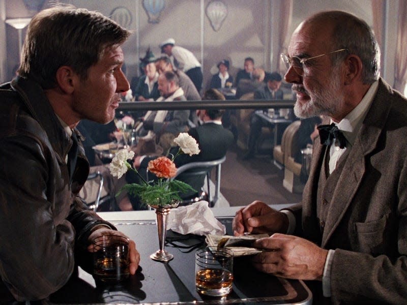 Harrison Ford as Indiana Jones and Sean Connery as Dr. Henry Jones Sr. on a zepplin in "Indiana Jones and the Last Crusade."