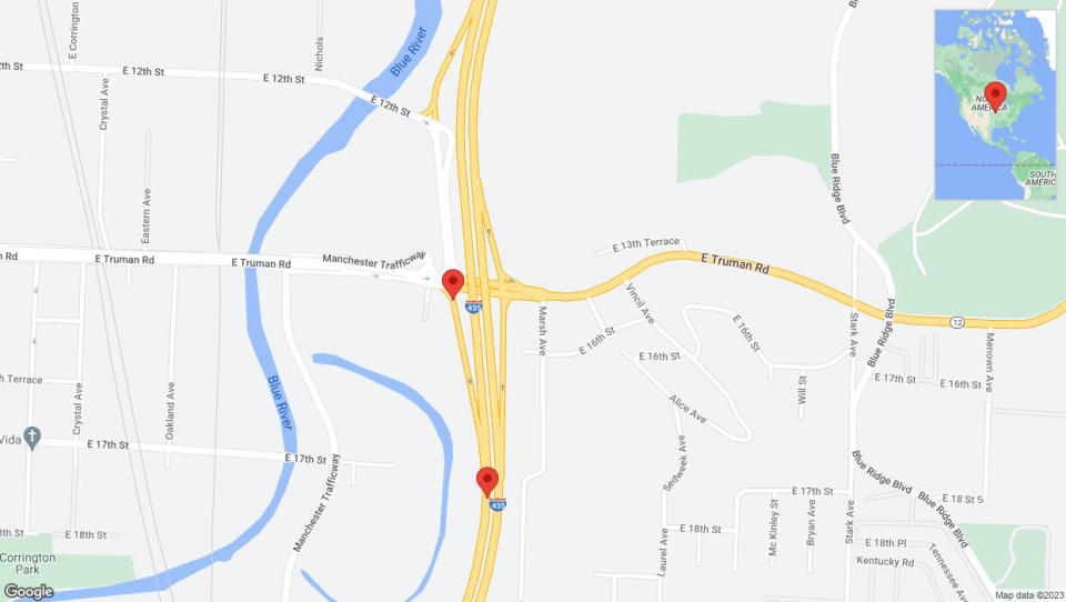 A detailed map that shows the affected road due to 'Broken down vehicle on East Truman Road in Kansas City' on December 28th at 2:47 p.m.