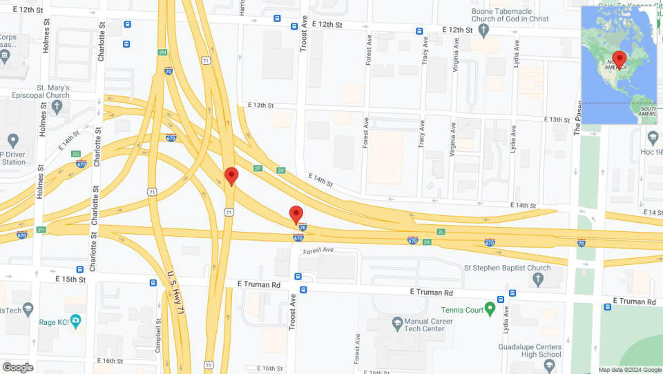 A detailed map that shows the affected road due to 'Broken down vehicle on eastbound I-70 in Kansas City' on January 2nd at 4:13 p.m.