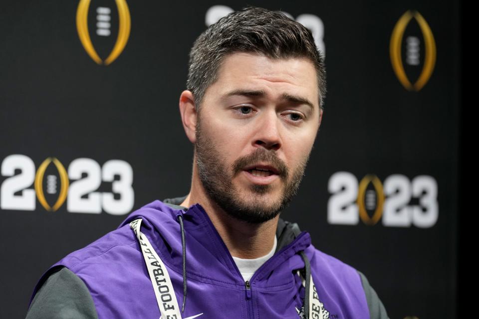 TCU offensive coordinator Garrett Riley speaks during a media day ahead of the national championship NCAA College Football Playoff game between Georgia and TCU, Saturday, Jan. 7, 2023, in Los Angeles. The championship football game will be played Monday. (AP Photo/Marcio Jose Sanchez)