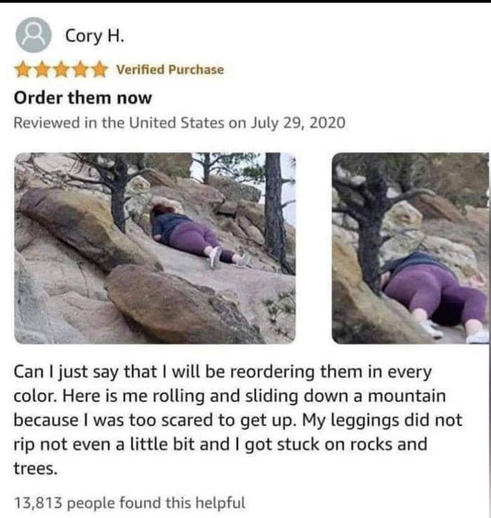 person reviewing pants that didnt rip by saying they fell down a hill and it was fine