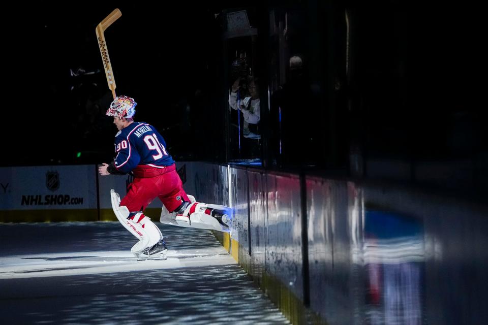 Nov 1, 2023; Columbus, Ohio, USA; Columbus Blue Jackets goaltender Elvis Merzlikins (90) is named the game’s first star following the 4-2 win over the Tampa Bay Lightning in the NHL hockey game at Nationwide Arena.