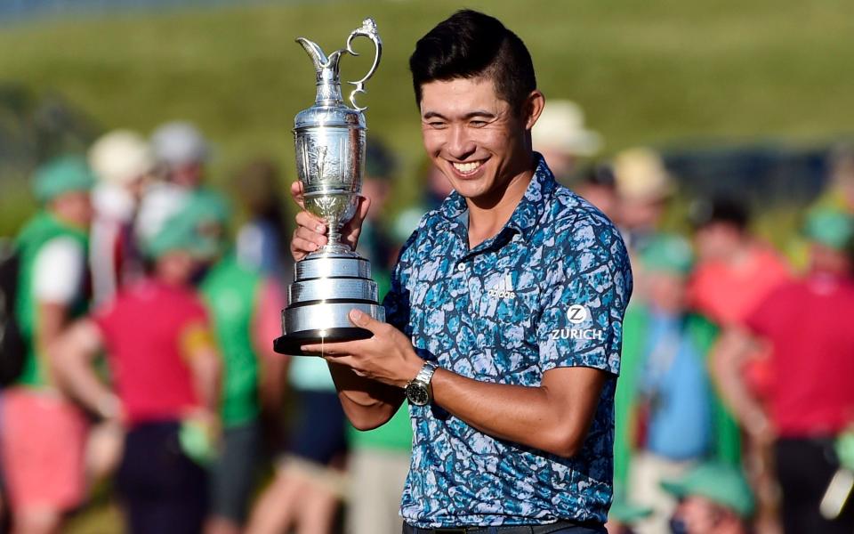 Collin Morikawa with the Claret Jug after winning the Open in 2020