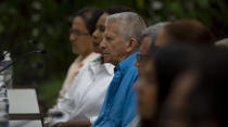 ELN Commander Victor Orlando Cubides, alias Aureliano Carbonell, attends a meeting with Colombian government representatives in Havana, Cuba, Friday, Aug. 12, 2022. The delegations of the Colombian government and the guerrilla National Liberation Army (ELN) announced on Friday that they are committed to taking the necessary steps to try to reactivate the peace negotiations suspended four years ago. (AP Photo/Ismael Francisco)