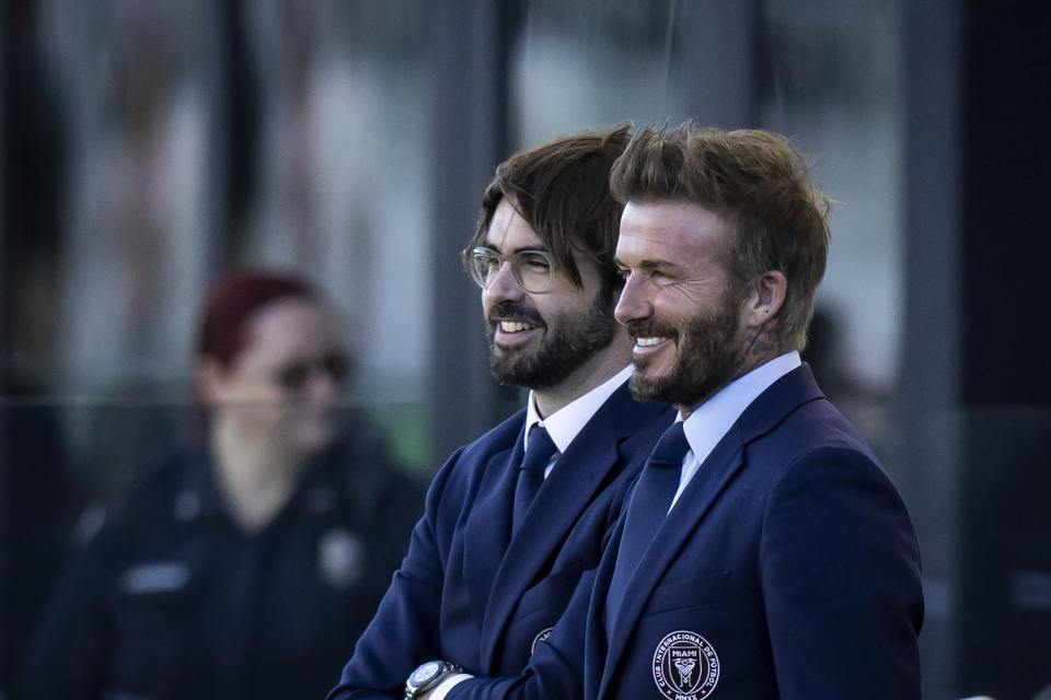 FORT LAUDERDALE, FL - APRIL 08: David Beckham Co-Owner of Inter Miami CF and Xavier Asensi Chief Business Officer of Inter Miami CF watch as the team warms up at the start of the Major League Soccer game against FC Dallas at DRV PNK Stadium on April 8, 2023 in Fort Lauderdale, Florida.  (Photo by Ira L. Black - Corbis/Getty Images)