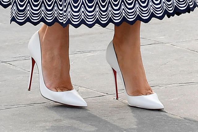 France's First Lady Pops in Red Dress & Graphic Block Heels With Melania  Trump