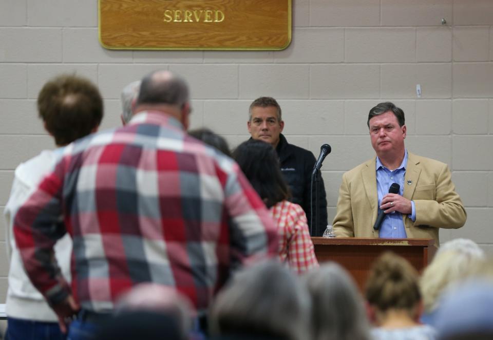 Todd Rokita, Indiana Attorney General listens to concerned citizens regarding Indiana’s Economic Development Corp.'s LEAP project, at the Lafayette Army National Reserve building, on Thursday, Oct. 19, 2023.