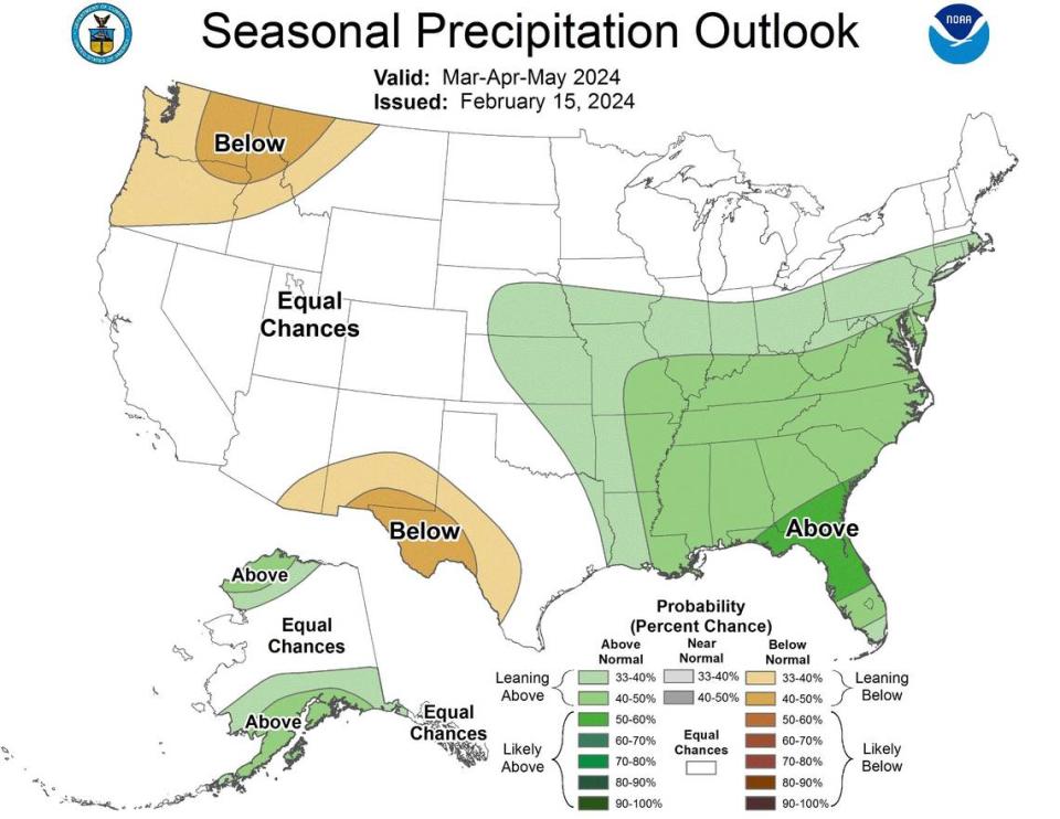 A U.S. map showing rain predictions for March through May, according to the NWS Climate Prediction Center.