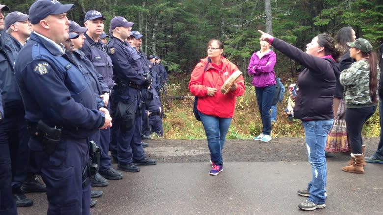 RCMP officers come nose-to-nose with shale gas protesters on Route 134 in Rexton Thursday.