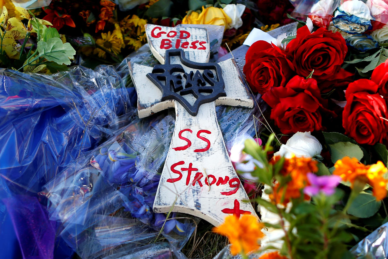 A memorial near the site of the shooting at the First Baptist Church of Sutherland Springs in Sutherland Springs, Texas, on Nov. 7, 2017. (Photo: Jonathan Bachman/Reuters)