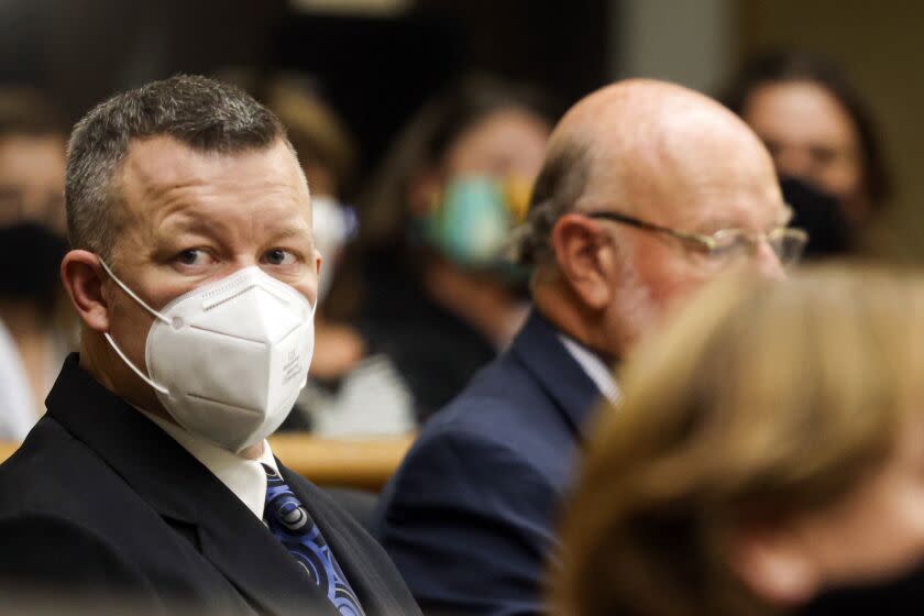 Paul Flores looks on at the second day of his preliminary hearing Tuesday Aug. 3, 2021. He was taken into custody in San Pedro and booked into San Luis Obispo County Jail on suspicion of the murder of Cal Poly student Kristin Smart. (David Middlecamp/The Tribune (of San Luis Obispo) via AP, Pool)