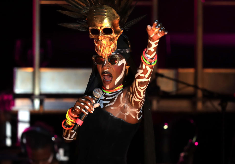 Grace Jones during the Monte-Carlo Sporting Summer Festival in Monaco, August 2018. (Credit: VALERY HACHE/AFP via Getty Images)