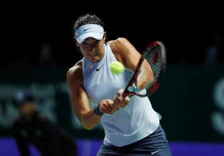 Tennis - WTA Tour Finals - Singapore Indoor Stadium, Singapore - October 23, 2017 France's Caroline Garcia in action during her group stage match with Romania's Simona Halep REUTERS/Edgar Su