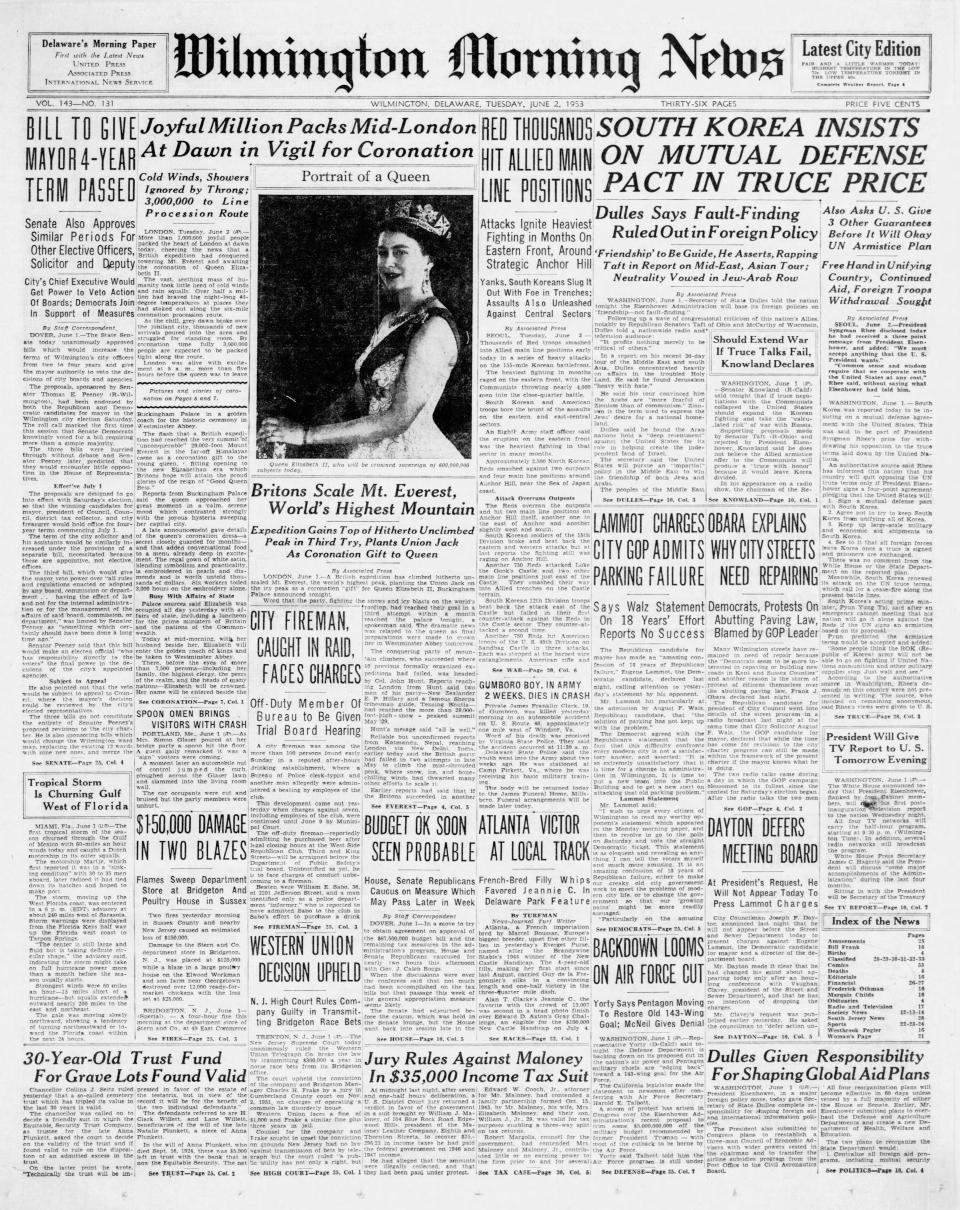 Front page of the Wilmington Morning News from June 2, 1953.