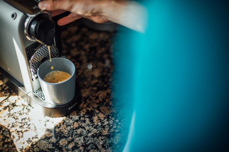 Image shows rider making a coffee.