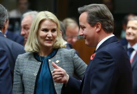 Britain's Prime Minister David Cameron talks to his Danish counterpart Helle Thorning Schmidt (L) during an European Union leaders summit in Brussels October 23, 2014. REUTERS/Francois Lenoir