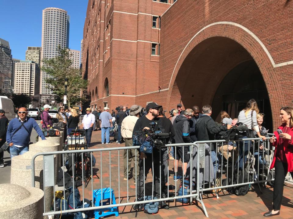 The media gathered outside the federal courthouse in Boston on Sept. 13, 2019, more than three hours before Felicity Huffman was set to be sentenced in the college admissions scandal.