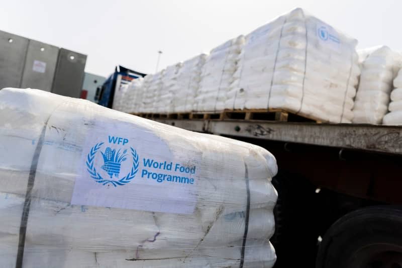 Humanitarian aid supplies from the United Nations World Food Program at the Kerem Shalom border crossing to the Gaza Strip on the Israeli side. Christoph Soeder/dpa-Pool/dpa