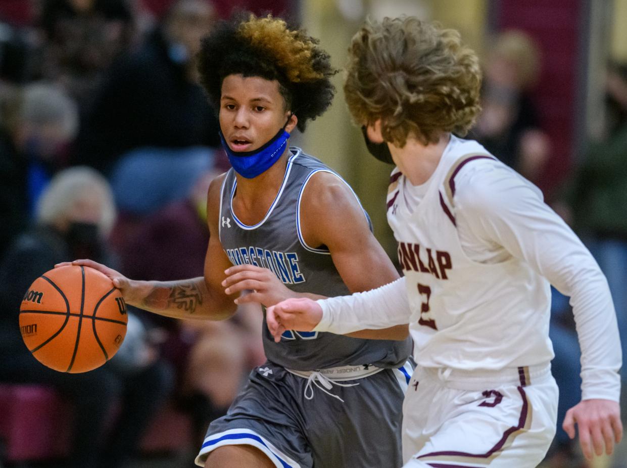 Limestone sophomore De'Kwon Brown, a Peoria High transfer, moves the ball against Dunlap on Thursday, Jan. 20, 2022 at Dunlap High School.