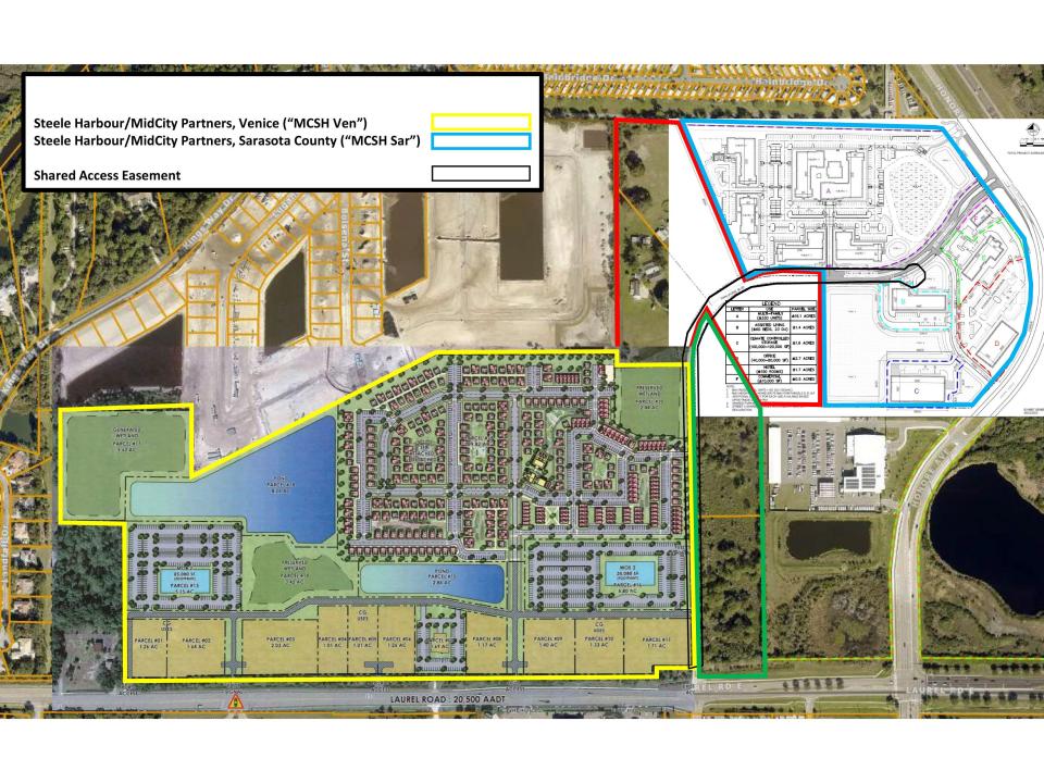 This rendering, submitted to the Sarasota County Commission in a Sept. 7, letter shows four potential developments that share the Twin Laurel Boulevard easement that links Honore Avenue and Laurel Road. The development depicted west of Twin Laurel is within the city of Venice but that is not a valid development plan and should be used for illustrative purposes. The development north of that is Cassata Lakes, which has no access to Twin Laurel.