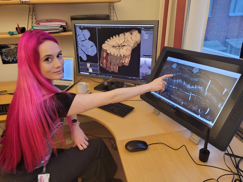 Melanie During at Uppsala University points to an image of a Cretaceous Period paddlefish fossil