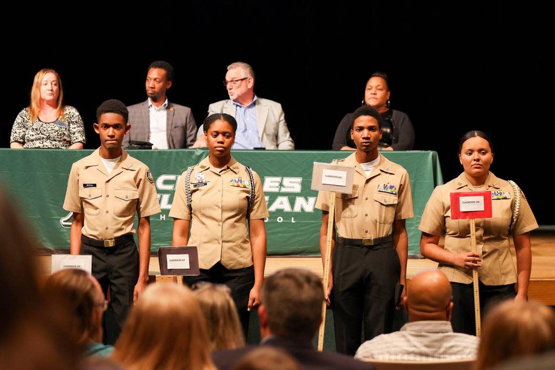 Cadets line up to escort participants as Broward County Public Schools held the third of three town halls to discuss with the community the possibility of closing schools in 2025.