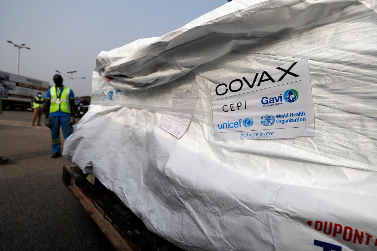 This photograph released by UNICEF on Wednesday, Feb. 24, 2021, shows the first shipment of COVID-19 vaccines distributed by the COVAX Facility arriving at the Kotoka International Airport in Accra, Ghana.