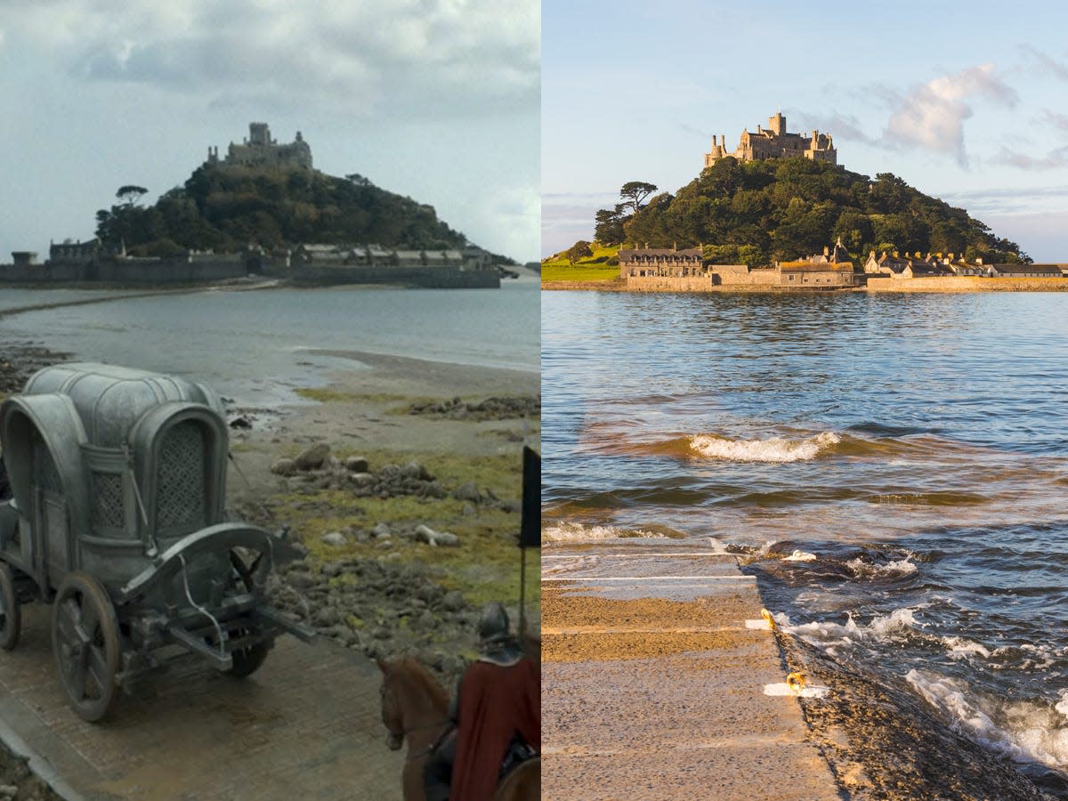 A side by side view of an island hill with a castle on top.