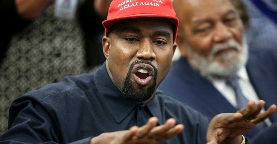 West wearing his ‘MAGA’ hat in 2018.