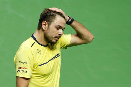 Tennis - ATP 500 - Rotterdam Open - Rotterdam Ahoy, Rotterdam, Netherlands - February 17, 2019 Switzerland's Stan Wawrinka reacts during his Final match against France's Gael Monfils REUTERS/Eva Plevier